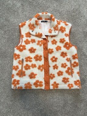 Nasty Gal Orange Floral Sherpa Vest